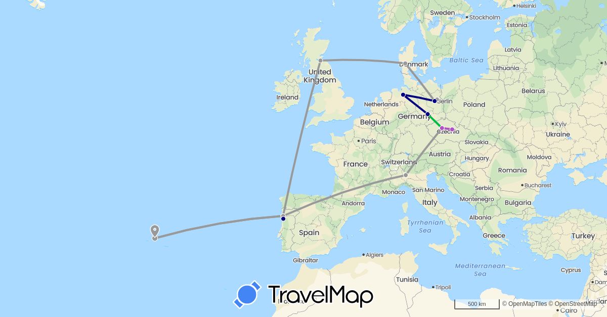 TravelMap itinerary: driving, bus, plane, train in Czech Republic, Germany, Denmark, United Kingdom, Italy, Portugal (Europe)